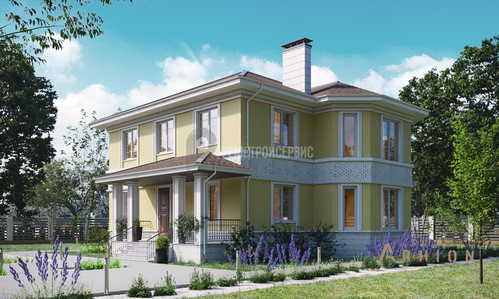 2. Проект двухэтажного дома в современном классическом стиле с многоскатной кровлей, t-92-01, площадью - 244 кв c терассой, эркером